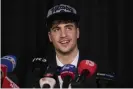  ?? Photograph: Ariel Schalit/AP ?? Deni Avdija speaks to the media from Tel Aviv after he was chosen by the Washington Wizards on Wednesday.