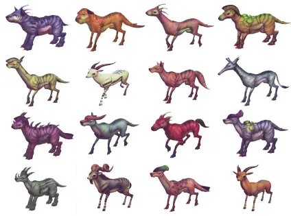  ??  ?? These are all variants of the same animal type, or rig, that have been generated with a single mouse click. Out in the wild, you’ll notice they vary more in size. Each mutation changes the beast’s underlying bone structure, and the animation will be adjusted accordingl­y