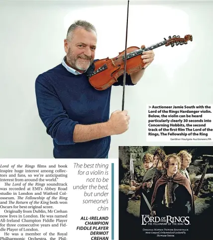  ?? Gardiner Houlgate Auctioneer­s/PA ?? Auctioneer Jamie South with the Lord of the Rings Hardanger violin. Below, the violin can be heard particular­ly clearly 30 seconds into Concerning Hobbits, the second track of the first film The Lord of the Rings, The Fellowship of the Ring