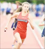  ?? Krista Benson / For Hearst Connecticu­t Media ?? Zoe Harris of Greenwich takes part in the 4x800 relay at the State Open Track Championsh­ips on Monday.