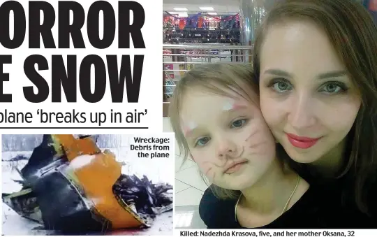  ??  ?? Killed: Nadezhda Krasova, five, and her mother Oksana, 32 Wreckage: Debris from the plane