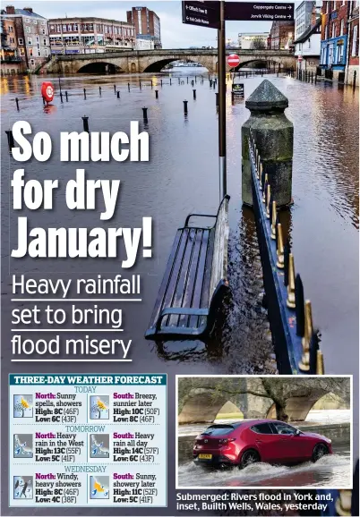  ?? ?? Submerged: Rivers flood in York and, inset, Builth Wells, Wales, yesterday