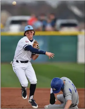  ?? (NWA Democrat-Gazette/Andy Shupe) ?? Springdale Har-Ber second baseman Walker Smith (left) throw to first base after forcing out Rogers center fielder Caleb Champion during the first inning Monday at Wildcat Field in Springdale. HarBer won 3-1.