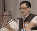  ??  ?? Union minister of state for home Kiren Rijiju speaks at the youth convention on national security in the city on Thursday as Mr Perala Shekar Rao, vice-chairperso­n of the Nehru Yuva Kendra Sangathan looks on.