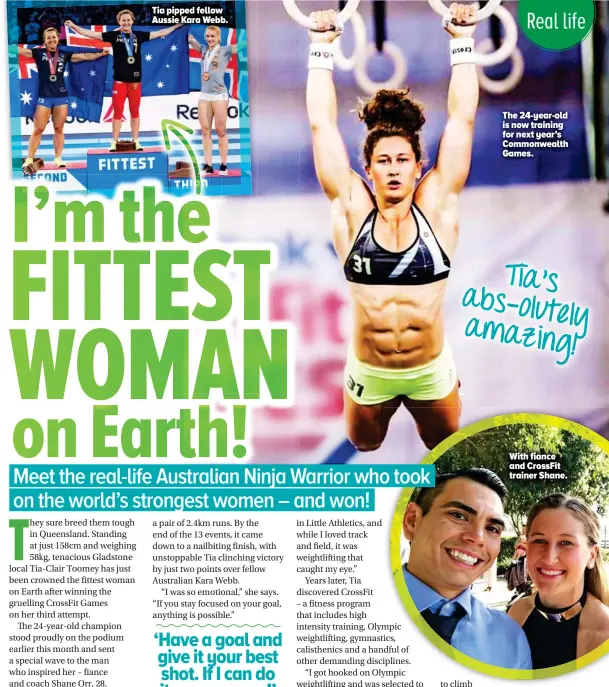  ??  ?? With fiance and Crossfit trainer Shane. The 24-year-old is now training for next year’s Commonweal­th Games. Tia pipped fellow Aussie Kara Webb.