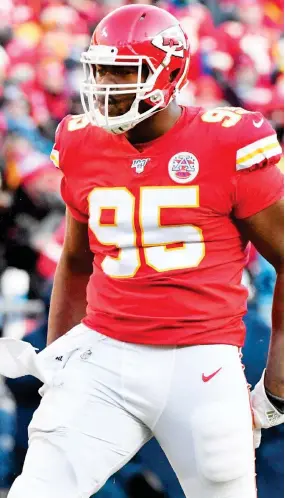  ??  ?? Kansas City Chiefs defensive end and former Mississipp­i State player Chris Jones reacts to a play during the first half of Sunday’s AFC Championsh­ip against the Tennessee Titans. (Photo by Ed Zurga, AP)