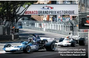  ??  ?? Clockwise: Lyons holds off Hall; Alesi and Werner before shunt; Fierro-eleta’s Maserati 250F