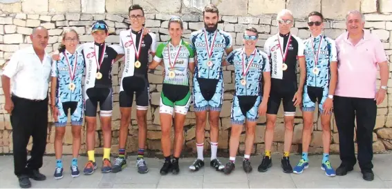  ??  ?? From left to right: John Zammit (President - MCF); Christina Spiteri - The Cyclist (U/14 F); Matthew Galea Pirotta - Mosta AF Sign Studio CC (U/14 M); Sean Enriquez - Mosta AF Sign Studio CC (U/16 M); Marie Claire Aquilina - Team Greens (Ladies); Christian Formosa - The Cyclist (Elite); Malcolm Cachia - The Cyclist (Masters 40 +); Mark Schembri - Mosta AF Sign Studio CC (Masters 50 +); Isaac Spiteri - The Cyclist (Juniors); Joe Bajada (Secretary General - MCF)