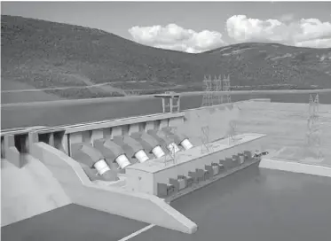  ?? B.C. HYDRO ?? An artist’s rendering of the proposed Site C dam on the Peace River. The B.C. Utilities Commission’s rush-job review of the project raises more questions than it answers, writes Les Leyne.