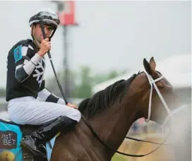  ?? ?? Jockey Florent Geroux waves to the crowd after his horse Interstate­daydream won the George E. Mitchell Black-Eyed Susan Stakes at Pimlico Race Course on Friday. The filly won the 1 ⅛ mile race in a time of 1:48.73.