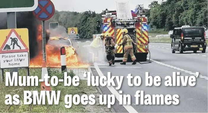  ??  ?? The BMW 5 series went up in flames on the A19.