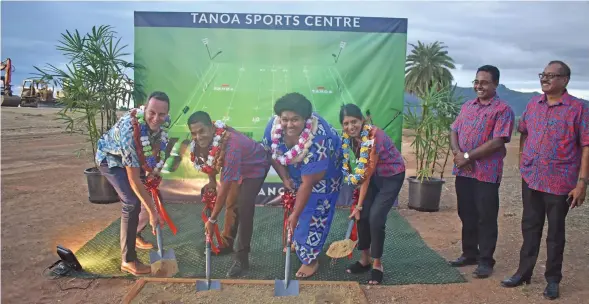  ?? Photo: Waisea Nasokia ?? From left: Tourism Fiji chief executive officer Brent Hill, Reddy Group director Rohit Reddy, Taukei Naua Adi Temalesi Varo Sovau, Reddy Group director Kamini Reddy, Group sales and revenue manager Kushend Kumar and Tanoa Hotels Fiji area general manager Narend Kumar during the ground-breaking ceremony at the Tanoa Internatio­nal Hotel in Nadi on November 23, 2022.