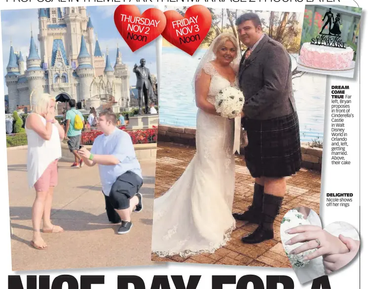  ??  ?? DREAM COME TRUE Far left, Bryan proposes in front of Cinderella’s Castle in Walt Disney World in Orlando and, left, getting married. Above, their cake DELIGHTED Nicole shows off her rings