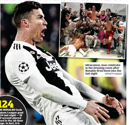  ?? AFP/GETTY IMAGES ?? Miraculous: Juve celebrate in the dressing room after Ronaldo fired them into the last eight