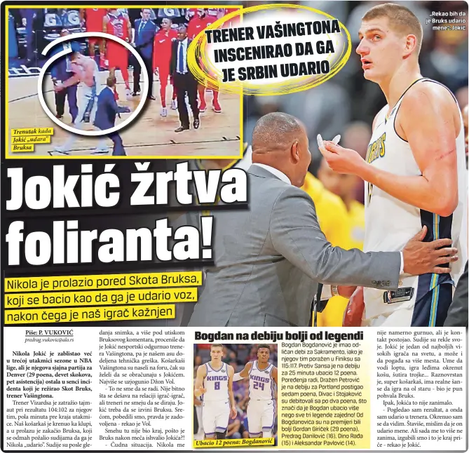  ??  ?? Trenutak kada Jokić „udara” Bruksa
Ubacio 12 poena: Bogdanović
„Rekao bih da je Bruks udario
mene”: Jokić