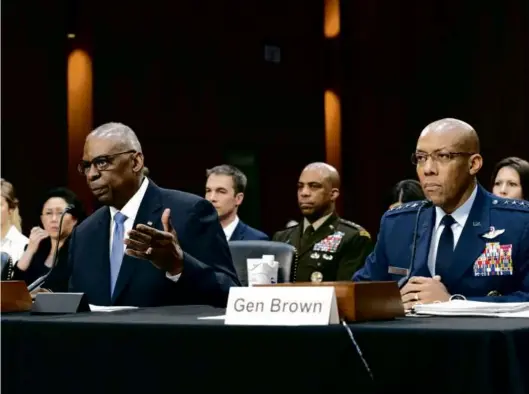  ?? JOSE LUIS MAGANA/ASSOCIATED PRESS ?? DEFENSE BUDGET — Secretary of Defense Lloyd Austin (left), accompanie­d by Chairman of the Joint Chiefs of Staff General Charles Brown Jr., testified before the Senate Committee on Armed Services during a hearing on the Department of Defense budget request for fiscal year 2025 on Capitol Hill in Washington on Tuesday.