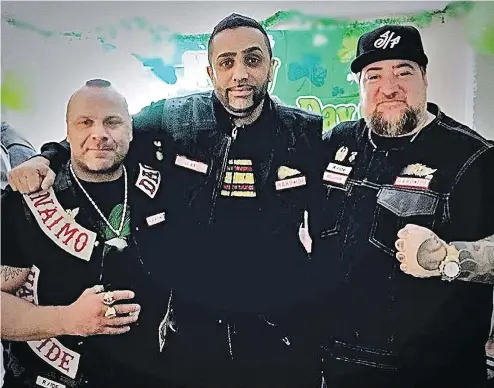  ??  ?? Members of the Hardside chapter of the Hells Angels, from left, Chad Wilson, Suminder Grewal and Jamie Yochlowitz. A significan­t increase in gun- and gang-related homicides in B.C. and Quebec occurred in 2017.