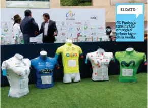  ??  ?? MAILLOTS. La amarilla es del líder general, la blanca del mejor sub 23, la verde al ganador de la etapa, la de puntos al mejor de la montaña y la azul al de metas volantes.
EL DATO
40 Puntos al ranking UCI entrega al primer lugar de la Vuelta.