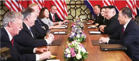  ??  ?? Kim (sitting second right) and Trump (sitting third left) attend the extended bilateral meeting in the Metropole hotel with US Secretary of State Mike Pompeo, White House National Security Adviser John Bolton, acting White House Chief of Staff Mick Mulvaney, North Korean Foreign Minister Ri Yong Ho and Kim Yong Chol, vice-chairman of the North Korean Workers’ Party Committee, during the second North Korea-US summit in Hanoi, Vietnam. — Reuters photo