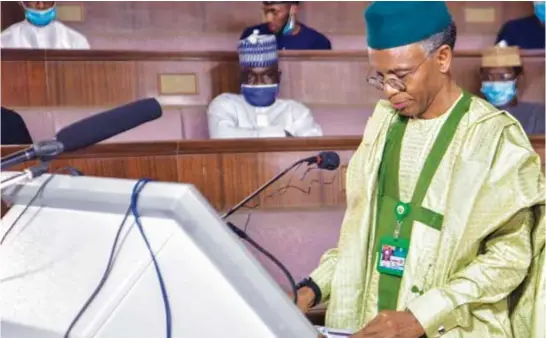  ??  ?? Governor Nasir el-Rufai presenting the draft 2021 budget proposal to the Kaduna State House of Assembly recently