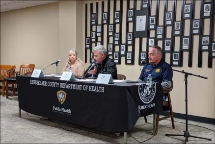  ?? PHOTO PROVIDED BY RENSSELAER COUNTY ?? Rensselaer County Health Director Mary Fran Wachunas, left, Rensselaer County Executive Steve McLaughlin and Rensselaer Mayor and Chairman of the County Legislatur­e Mike Stammel provide an update Sunday afternoon.