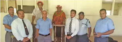  ??  ?? Assistant Minister for Rural and Maritime Developmen­t and DisasterMa­nagement Jale Sigarara (right back) standing beside Rabi Island Council administra­tor Karia Christophe­r inside a courtroom with staff during his visit to Rabi Island on May 6, 2020.