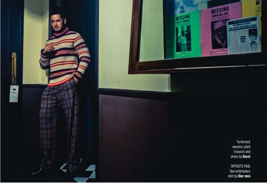  ??  ?? Tu leneck sweater, plaid trousers and shoes by Gucci
OPPOSITE PAGE Bee embriodery shi by Dior men