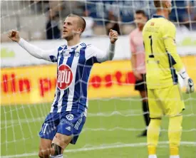  ?? FOTO: LEHTIKUVA ?? Roope Riski är HJK:s främsta anfallsvap­en mot LASK.