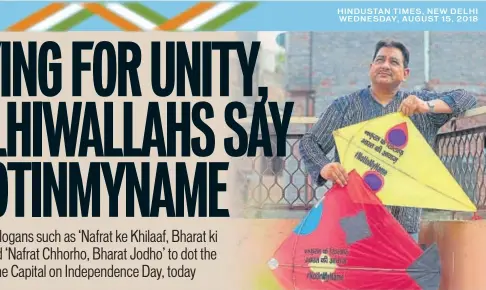  ?? PHOTOS: SHIVAM SAXENA/HT ?? Mohammad Taqi (above) with the kites that bear messages of communal harmony, peace and love