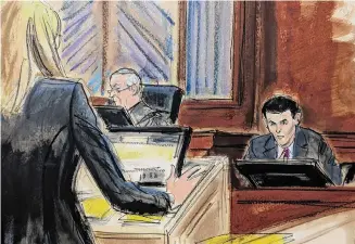  ?? Elizabeth Williams/Associated Press ?? In this courtroom sketch from Thursday, FTX founder Sam Bankman-Fried, right, is cross-examined. On Friday, he testified about starting his businesses.