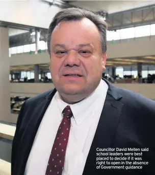  ??  ?? Councillor David Mellen said school leaders were best placed to decide if it was right to open in the absence of Government guidance