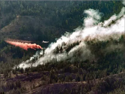  ?? CINDY ROGERS/Nyasa Photograph­y ?? A bomber drops fire retardant on the Rose Valley fire near West Kelowna on Sunday.