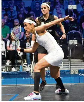  ?? — SquashSite ?? Going all out: Nicol David (front) in action against Egypt’s Nour El Tayeb in the second round of the British Open in Hull yesterday.