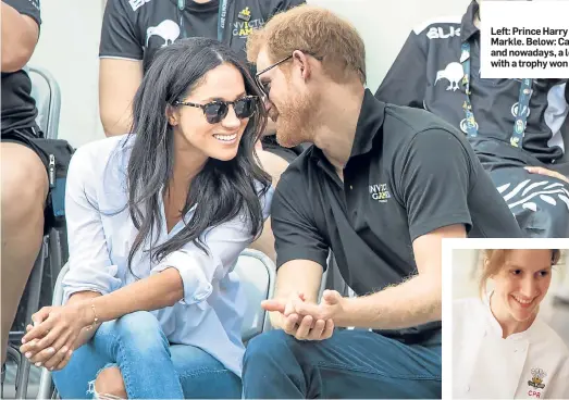  ??  ?? Left: Prince Harry with his bride to be Meghan Markle. Below: Carolyn as a child, a young chef and nowadays, a letter from Princess Diana and with a trophy won at an agricultur­al show.