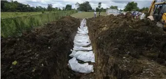  ?? Ap ?? UNKNOWN: A forensics team buries a group of 15 migrants who died trying to cross the Darien Gap, in Panama, Thursday.