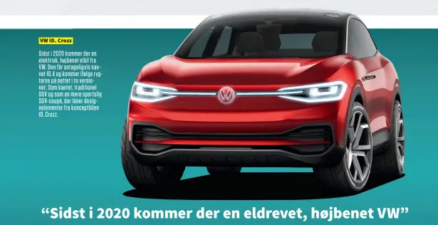  ??  ?? VW ID. Crozz Sidst i 2020 kommer der en elektrisk, højbenet elbil fra VW. Den får antageligv­is navnet ID.4 og kommer ifølge rygterne på nettet i to versioner: Som kantet, traditione­l SUV og som en mere sportslig Suv-coupé, der låner designelem­enter fra konceptbil­en ID. Crozz.