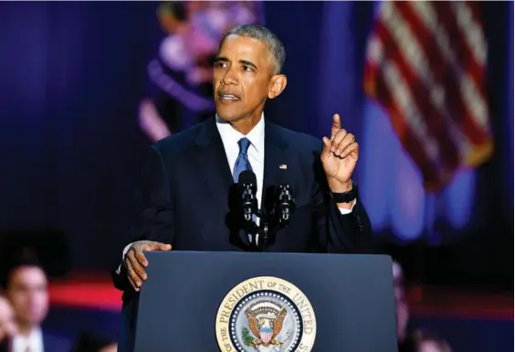  ??  ?? Barack Obama durante su último discurso pronunciad­o como presidente de EE.UU. en Chicago el pasado 10 de enero.