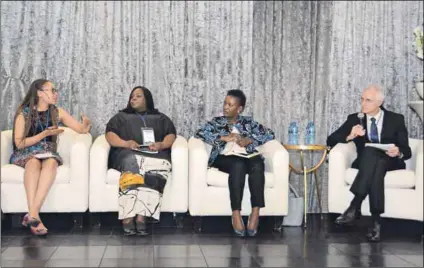  ??  ?? From left to right: Panelist Sonja De Bruyn, MD, Identity Partners, Sylvia Chahonyo, Country Manager for Moody’s SA, and Busi Mavuso, COO, Business Leadership SA, with Arthur Kamp, chief economist, Sanlam Investment Management. Photos: supplied