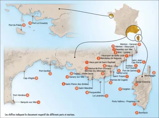  ??  ?? Les chiffres indiquent le classement respectif des différents ports et marinas.