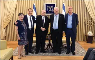  ?? (Haim Tzach/GPO) ?? MEETING AT the President’s Residence yesterday to remember Chaim Herzog were (left to right) Miriam Rubinstein, Jewish Agency chairman Isaac Herzog, Elyakim Rubinstein, President Reuven Rivlin, and Mike Herzog.