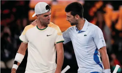  ?? ?? Novak Djokovic with Dino Prizmic after their first-round match at the Australian Open. Photograph: Alessandra Tarantino/AP