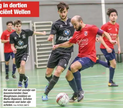  ?? Foto PATRICK SMETS ?? Het was niet het avondje van boezemvrie­nden Daan Weeghmans (midden) en Marko Bojanovic. Schoten kadreerde veel beter zijn schoten.