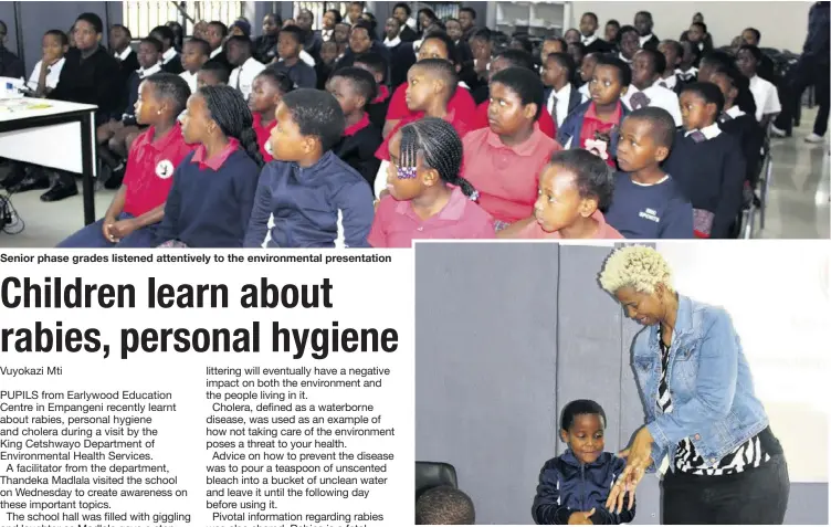  ?? ?? Grade 1 pupil Nonhla Moloi volunteers to demonstrat­e how to wash hands with Thandeka Madlala