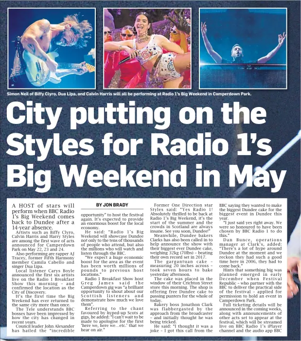  ??  ?? Simon Neil of Biffy Clyro, Dua Lipa, and Calvin Harris will all be performing at Radio 1’s Big Weekend in Camperdown Park.