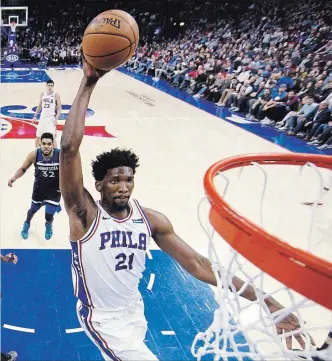  ?? ASSOCIATED PRESS FILE PHOTO ?? Philadelph­ia kept on winning even after losing young all-star Joel Embiid, who is expected to miss at least the first couple of weeks of the playoffs with an eye injury. The Sixers have won 26 of their last 31 games.