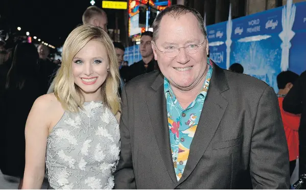  ?? FRAZER HARRISON/GETTY IMAGES FILES ?? The star of Frozen, Kristen Bell. and executive producer John Lasseter attend the premiere of the film in 2013 in Hollywood. The film is the most successful one Disney has ever made.