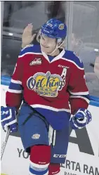  ?? GREG SOUTHAM ?? Lane Bauer of the Oil Kings celebrates after scoring a goal in Monday’s 5-4 overtime loss to Moose Jaw.