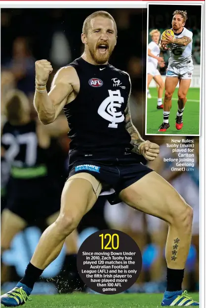  ?? GETTY ?? New Rules: Tuohy (main) played for Carlton before joining Geelong (inset)