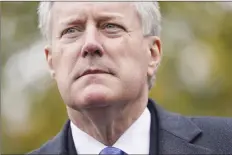  ?? AP photo ?? Mark Meadows speaks with reporters outside the White House, Oct. 26, 2020, in Washington. Meadows, the former White House chief of staff to President Donald Trump, won’t face voter fraud charges related to his 2020 registrati­on and absentee vote in North Carolina, the state’s attorney general announced Friday.