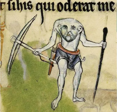  ??  ?? One of the Blemmyae, a mythical race whose faces supposedly sat in the middle of their chests. He stands in the margin of the 13th-century English manuscript The Rutland Psalter